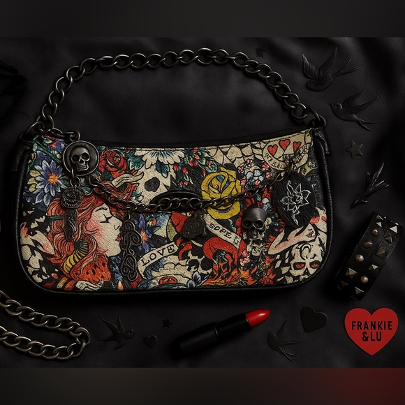 Ed Hardy Handbags - Ed Hardy Tattoo Print Shoulder Bag with Skull & Rose Charms